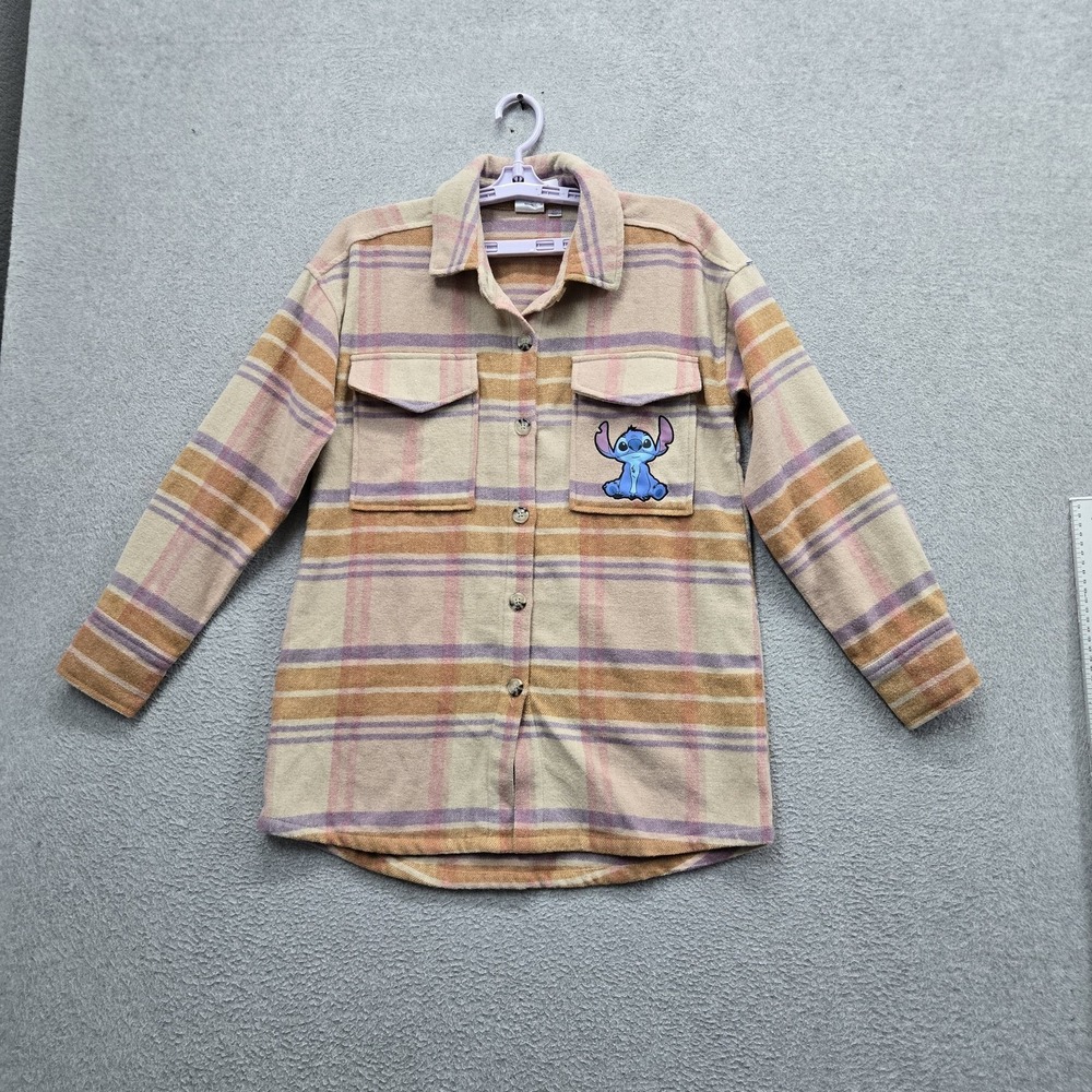 Disney Stitch Women Button Up Shirt XS Tan Polyester Wool Plaid Flannel Shirt